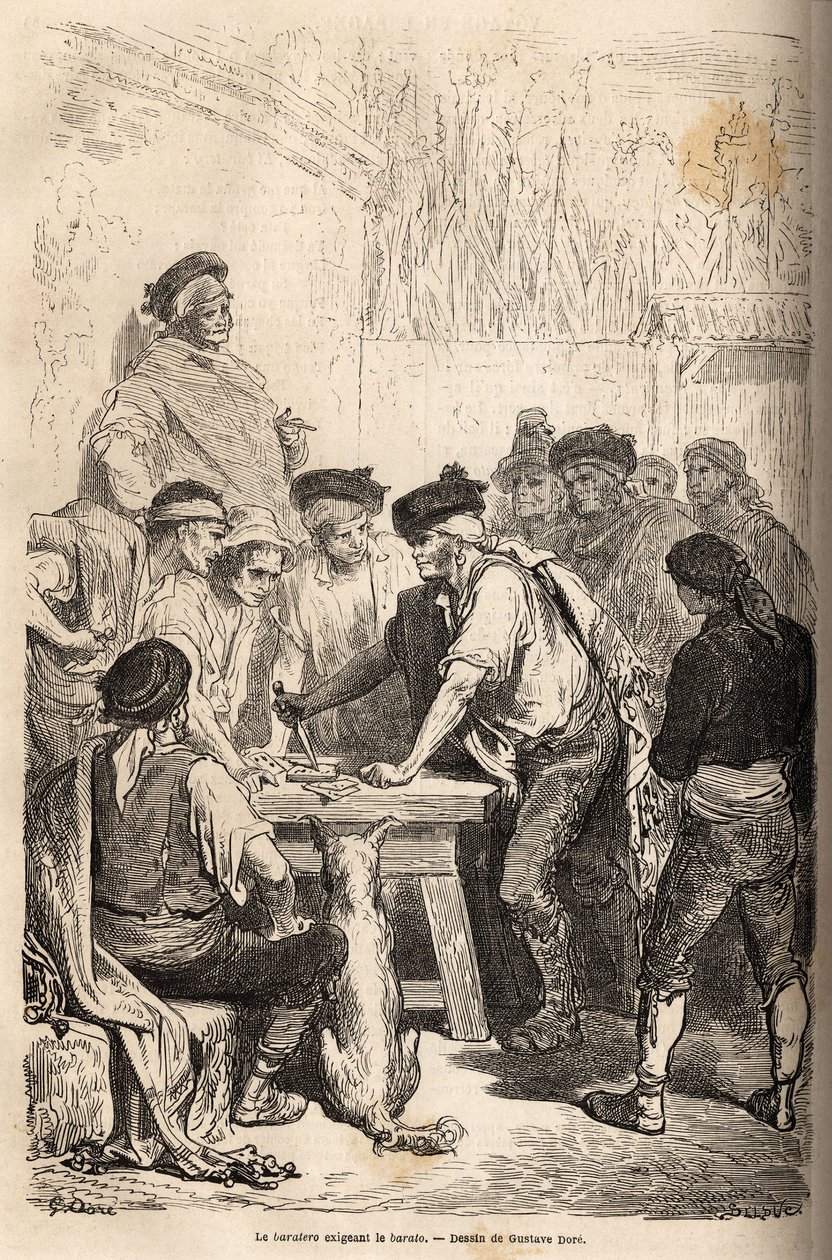 A baratót követelő navaja baratero fegyvere, tiszteletdíj, amit a titkos játékok mennyiségére ró ki. Gustave Dore (1832-1883) rajza 1862-es spanyolországi utazásának illusztrálására Ch. Davillier. Metszet a „” Le tour du monde” nyelven”, szerk alkotó: Gustave Dore