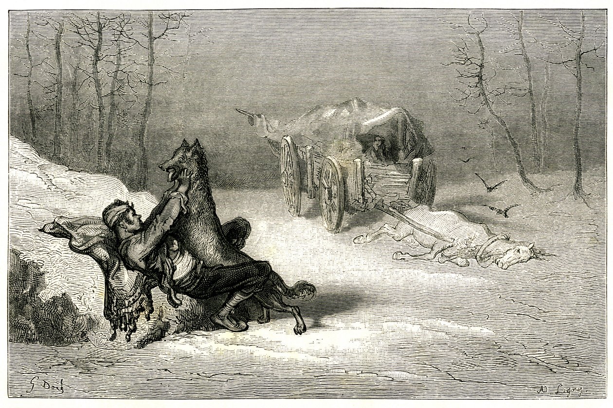 A rabló Ágostint megtámadja egy farkas, a döglött ló közelében még a szekéren elért komédiások elhagyják, vagy elrejti a kis Chiquitát. Gustave Dore metszete Theophile Gautier "Le capitaine Fracasse" című regényének illusztrációjához, Charpentier kiadás 18 alkotó: Gustave Dore