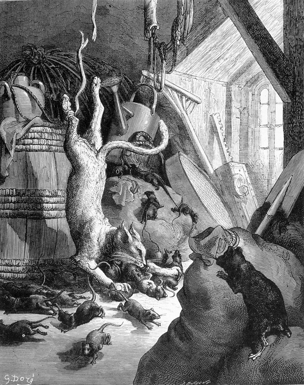 A macska és a vén patkány – La Fontaine „” Fables” című művében, ill. szerző: Gustave Doré alkotó: Gustave Dore