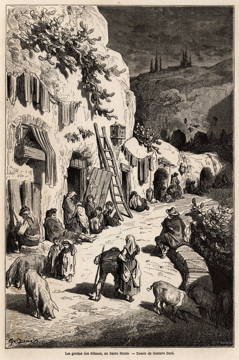Cigányok barlangjai (földalatti házai) Sacro Monte-ban, Granadában. Gustave Dore (1832-1883) rajza 1862-es spanyolországi utazásának illusztrálására Ch.Davillier kíséretében. Gravírozás a „Le tour du monde”-ban, szerkesztette Edouard Charton alkotó: Gustave Dore