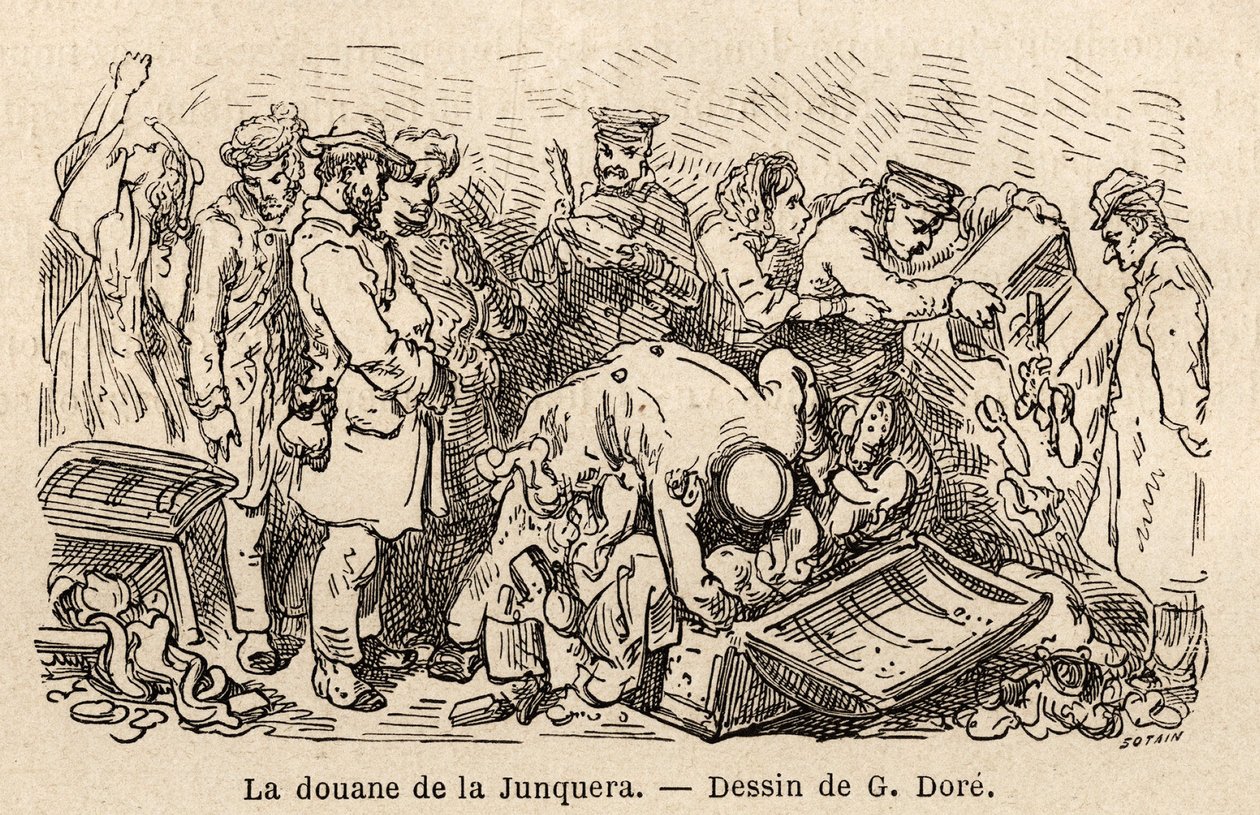 A junquera (Katalónia és Gerona tartomány között fekvő város) szokásai, Gustave Dore (1832-1883) rajza, hogy illusztrálja spanyolországi utazását C. Davillier-vel 1862-ben. Metszet „” Le tour du monde” „”, szerkesztette Edouard Charton alkotó: Gustave Dore