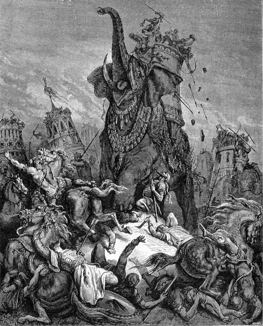 Eleazar Macchabee (Maccabee vagy Macabee), Júdás Makkabeus fiatal testvérének halála IV. Antiochos Epiphane (Kr. e. 175-164) uralma alatt. Összetörte egy elefánt. Gustave Dore által illusztrált „Biblia”. századi metszet. alkotó: Gustave Dore