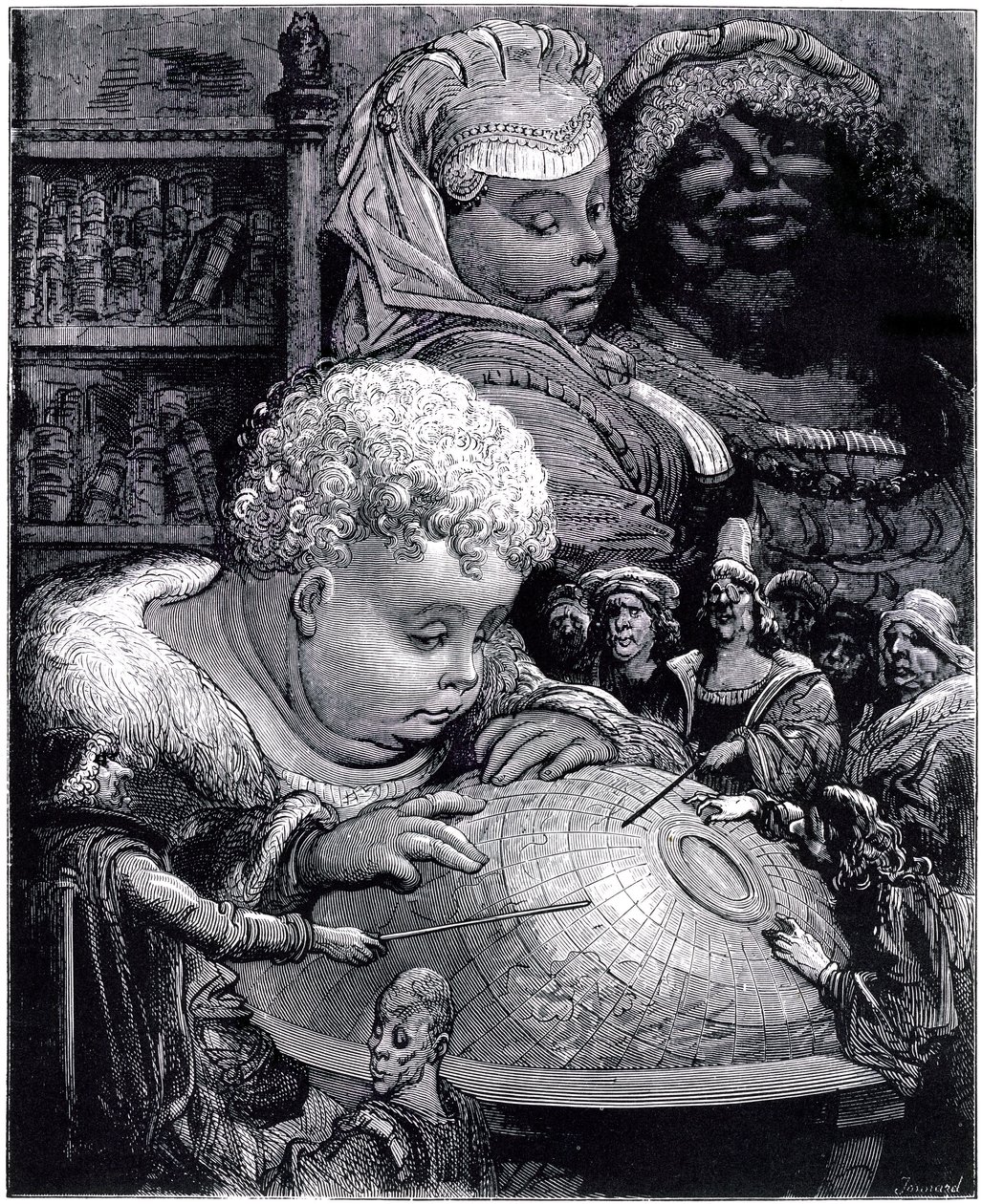 Gargantua oktatása: az óriás, gyermek, a földgömböt tanulmányozza tanáraival, szülei szeme láttára alkotó: Gustave Dore