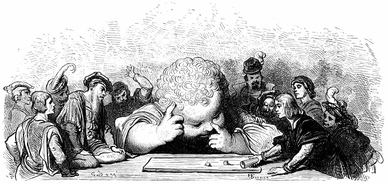 A Gant Gargantua gyermekének nevelése: megtanul a desen játszani. Gustave Dore illusztrációja Francois Rabelais művéhez. alkotó: Gustave Dore