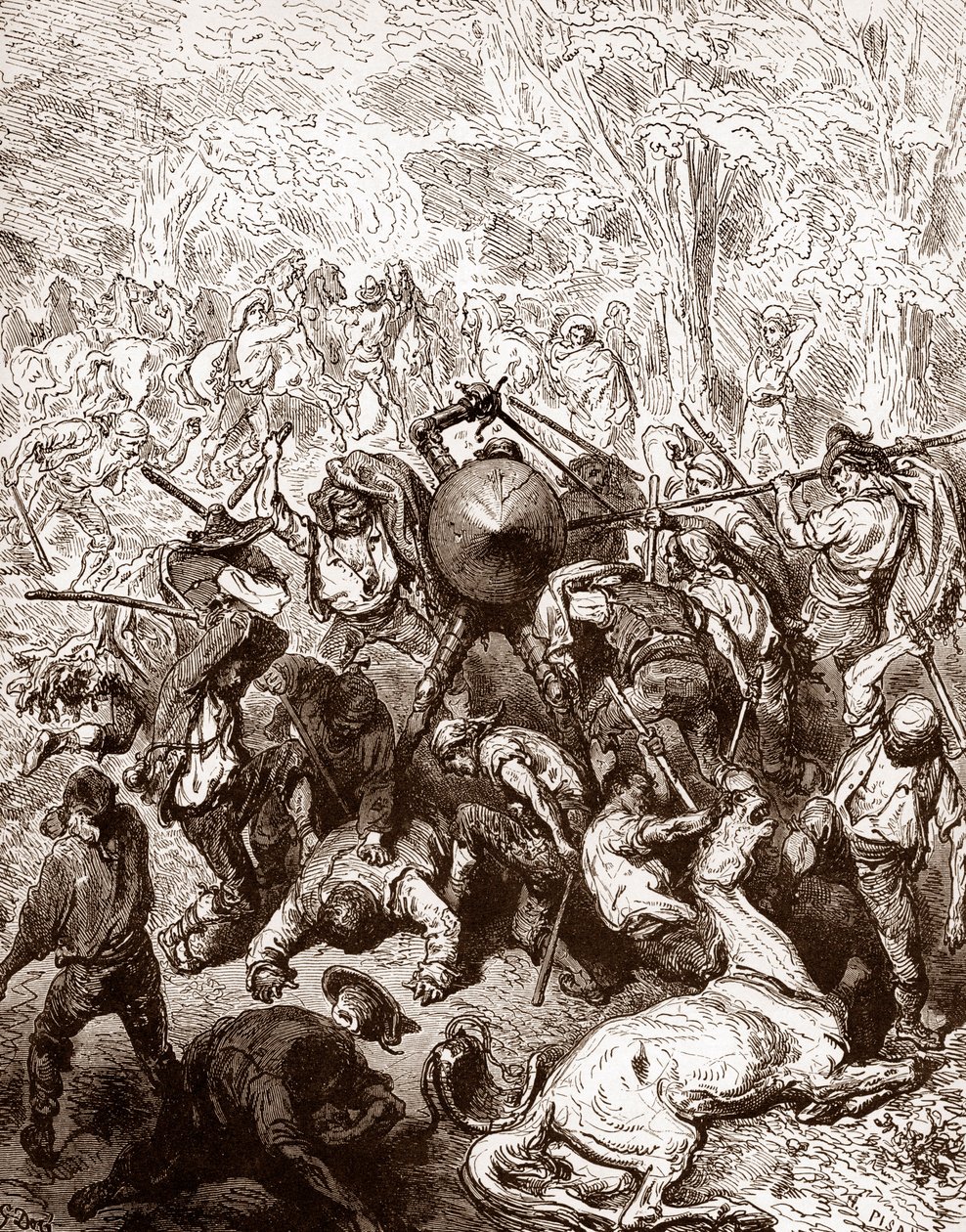 Harc a Yanguas öszvérei ellen, Gustave Dore (1832-1883) gravírozása Miguel de Cervantes (1547-1616) „The Ingenieux Hidalgo Don Quijote de la Manche (Quixotte – Quijote)” című művéért, 1863 Magángyűjtemény alkotó: Gustave Dore