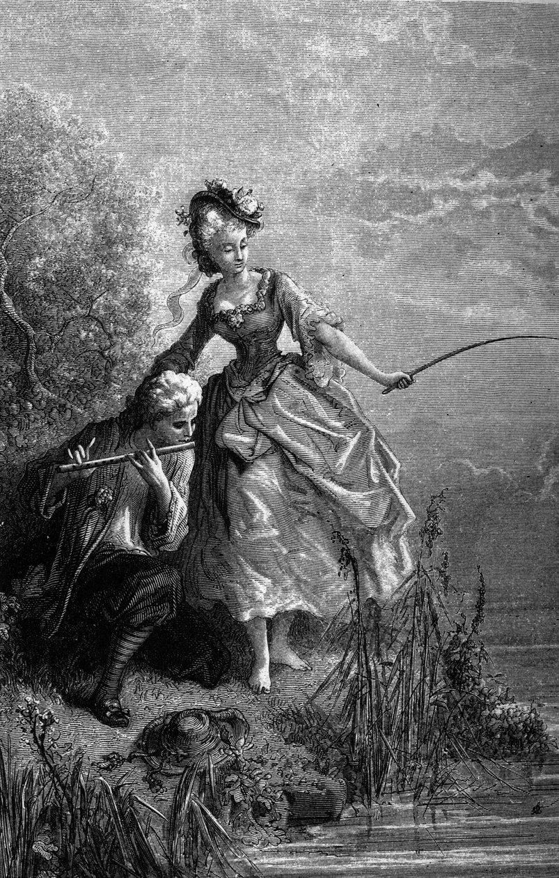 A hal és a pásztor furulyázik. A fuvola hangja csaliként szolgál. Jean de La Fontaine (1621-1695) meséi. Illusztráció: Gustave Dore. alkotó: Gustave Dore