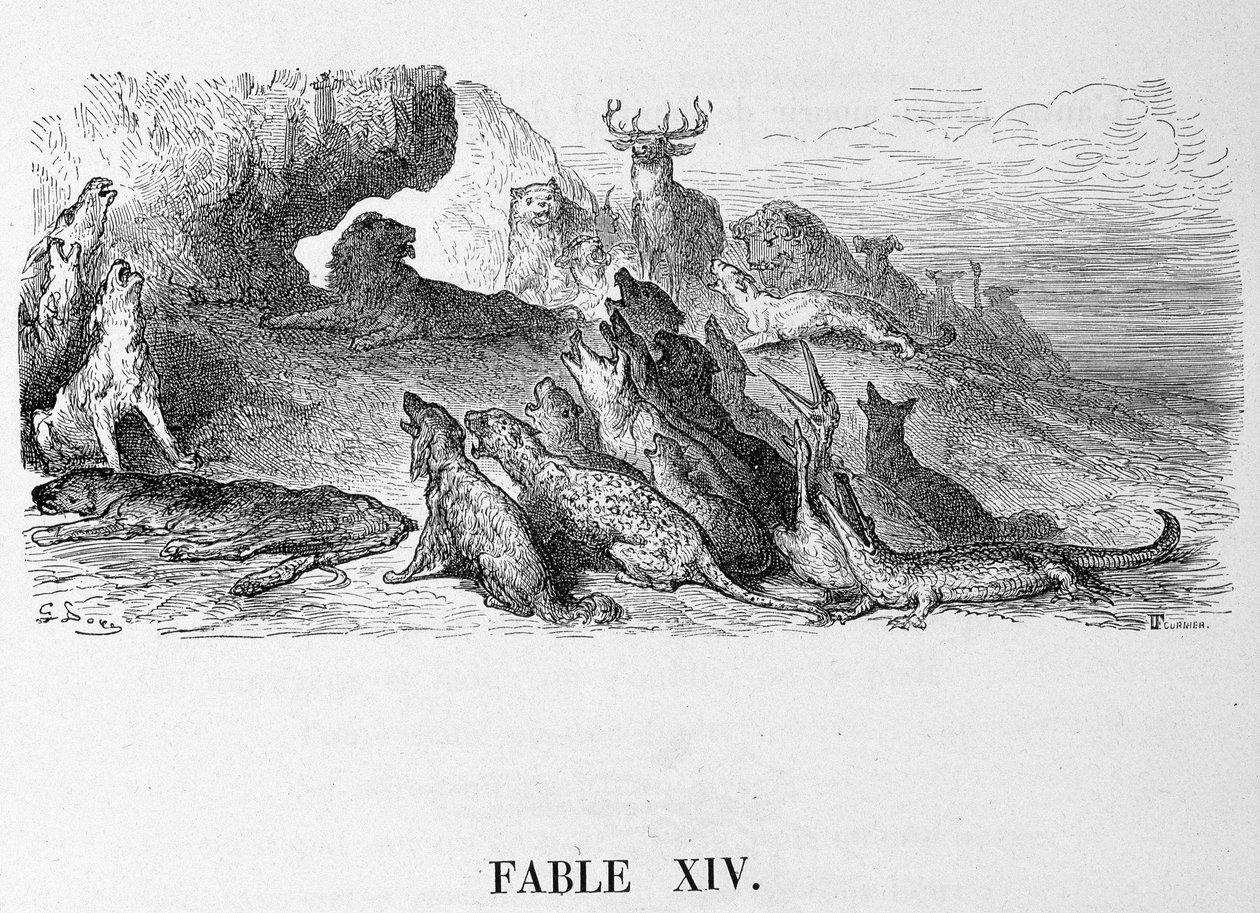 Az oroszlán temetése - de La Fontaine „Fables”-ban, ill. írta Doré alkotó: Gustave Dore