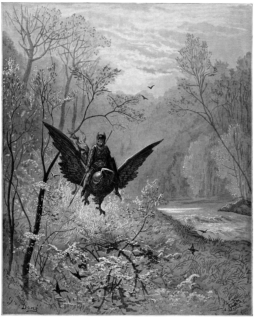A Ruggiero (Roger, Ruggero) lovag által megmászott hippogriff nevető vidékre érkezik - Gustave Dore metszete Ludovico Ariosto (1474-1533) dit l
