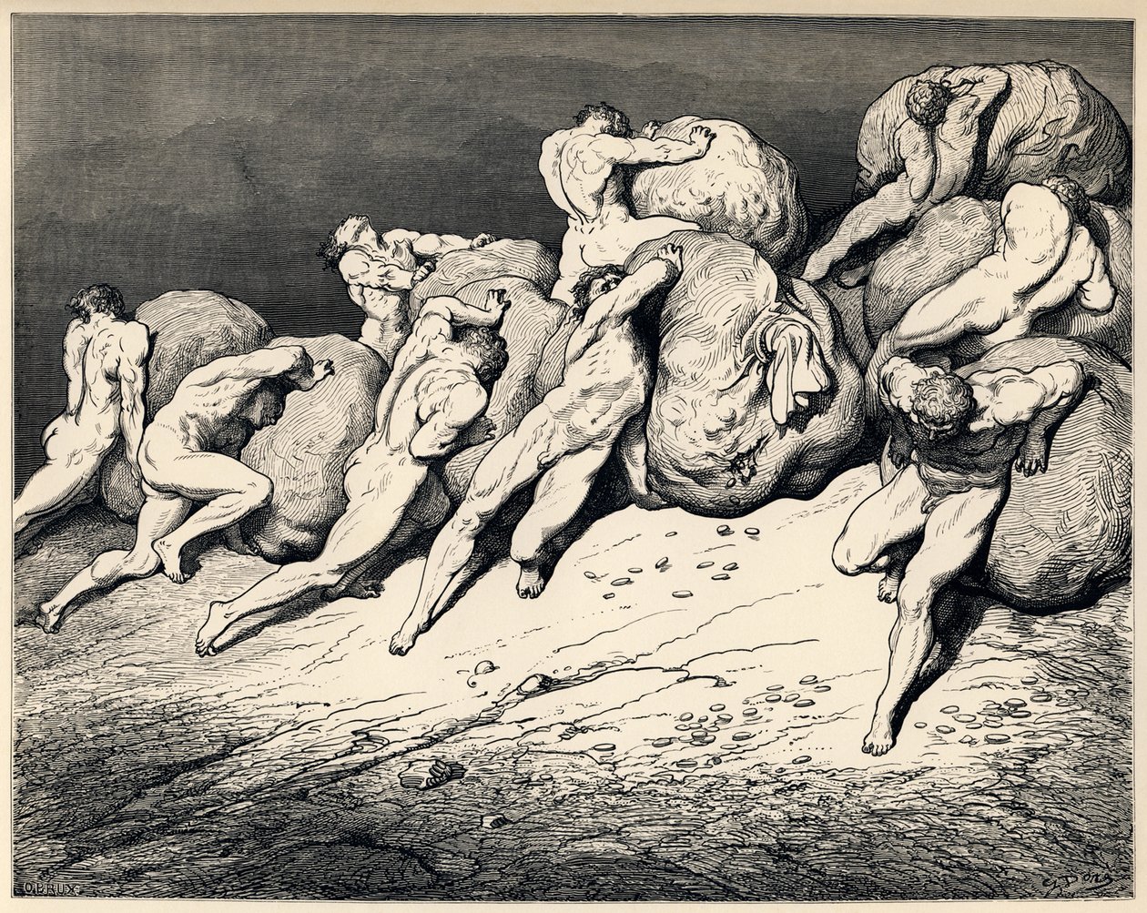 A felhalmozók és pazarlók. Illusztráció Dante Alighieri Isteni színjátékához, 1857 alkotó: Gustave Dore
