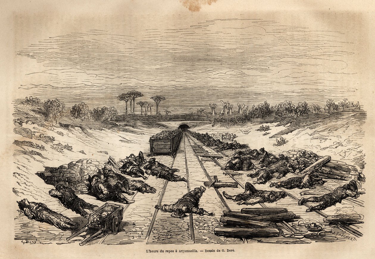 A pihenő órája Argamasillában, a sok vasutas hever a pályán, teljes napsütésben pihen. Gustave Dore (1832-1883) illusztrátor és báró Ch. metszete a spanyolországi utazás szemléltetésére. Davillier reaktor, 1862-ben, megjelent a „Le tour du monde, no alkotó: Gustave Dore