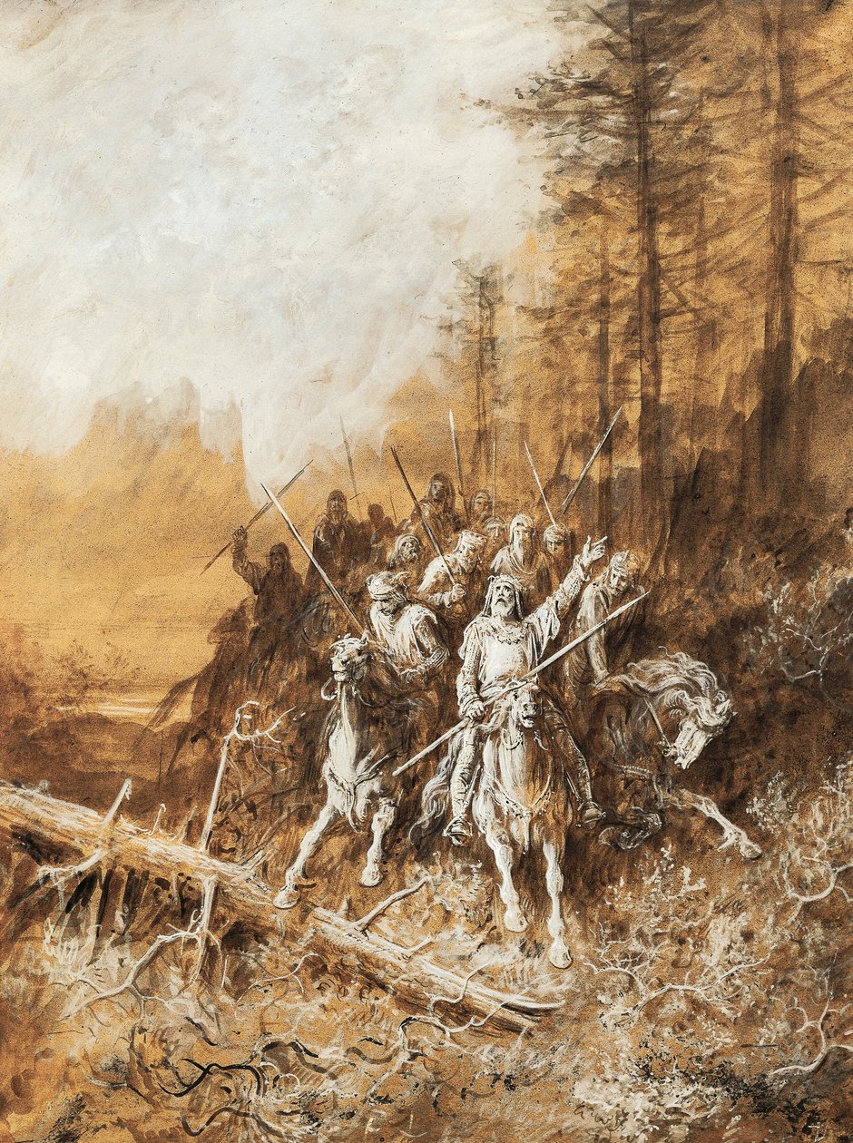 A lovagok menete, Albert Tennyson (1809-1892) A király idilljei című verssorozat illusztrációja, Gustave Dore akvarellje (1832-1883) alkotó: Gustave Dore