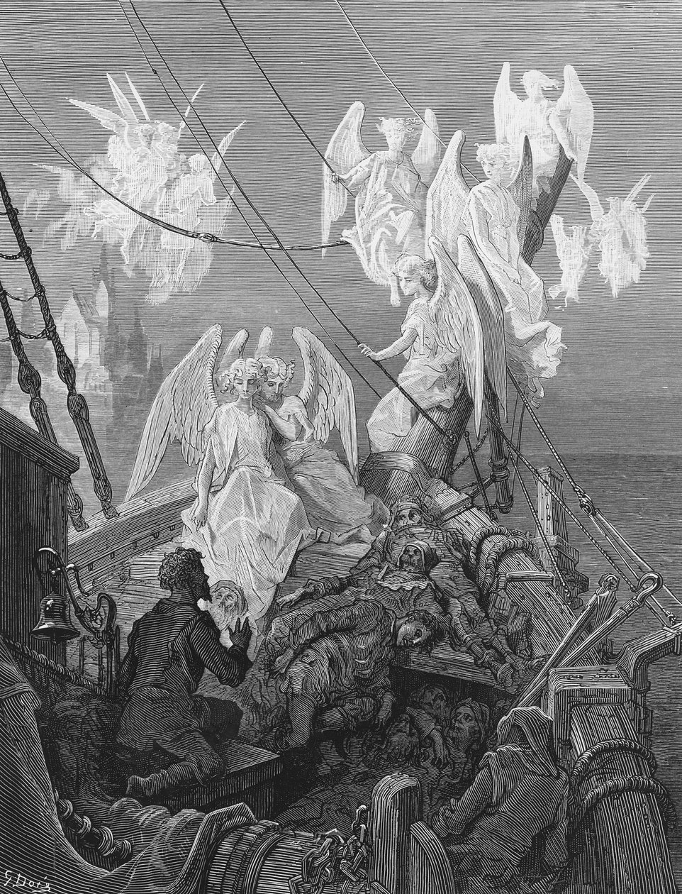 A tengerész látja az angyali szellemek bandáját, jelenetet S.T. „The Rime of the Ancient Mariner” című művéből. Coleridge, kiadó: Harper und Brothers, New York, 1876 (fametszet) alkotó: Gustave Dore