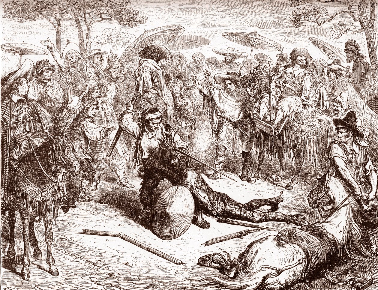 A toledói kereskedők látják, ahogy az egyik öszvérhajtójuk megveri Gustave Dore (1832-1883) Don Quijote-metszetét Miguel de Cervantes (1547-1616) „The Ingenieux Hidalgo Don Quijote Quijote” című 1863-as magángyűjteményéhez. alkotó: Gustave Dore
