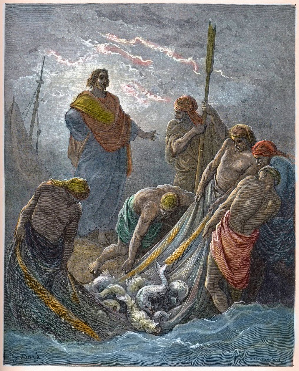 A halak csodás horgászata - Csodálatos halászat - - Gravírozás Gustave Dore (1832-1883) „The Bible illustree”-be - Metszet a „Dore Bibliából” alkotó: Gustave Dore