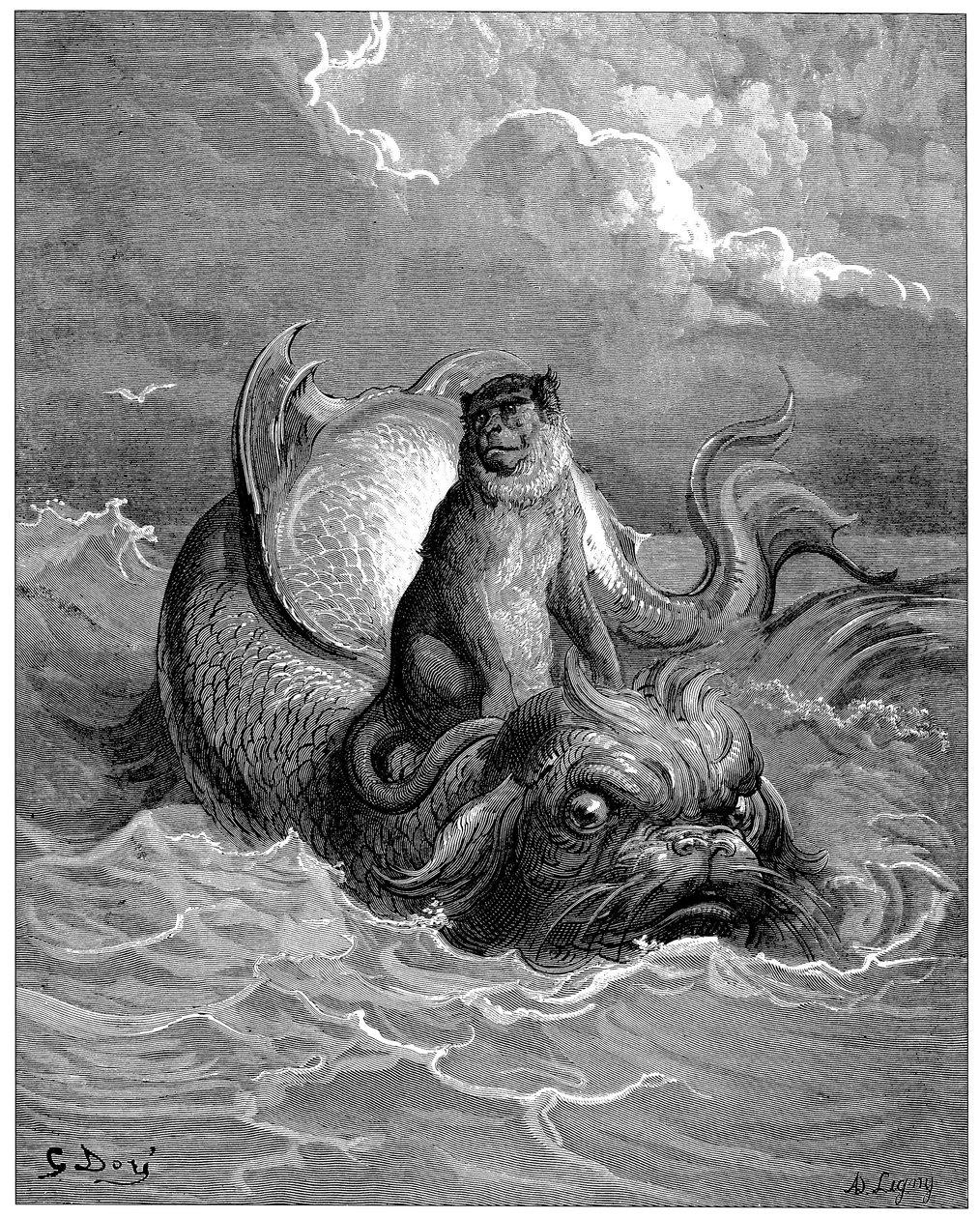 A majom és a delfin: mese, Jean de La Fontaine (1621-1695) meséi. Illusztráció: Gustave Dore (1832-1883) - alkotó: Gustave Dore