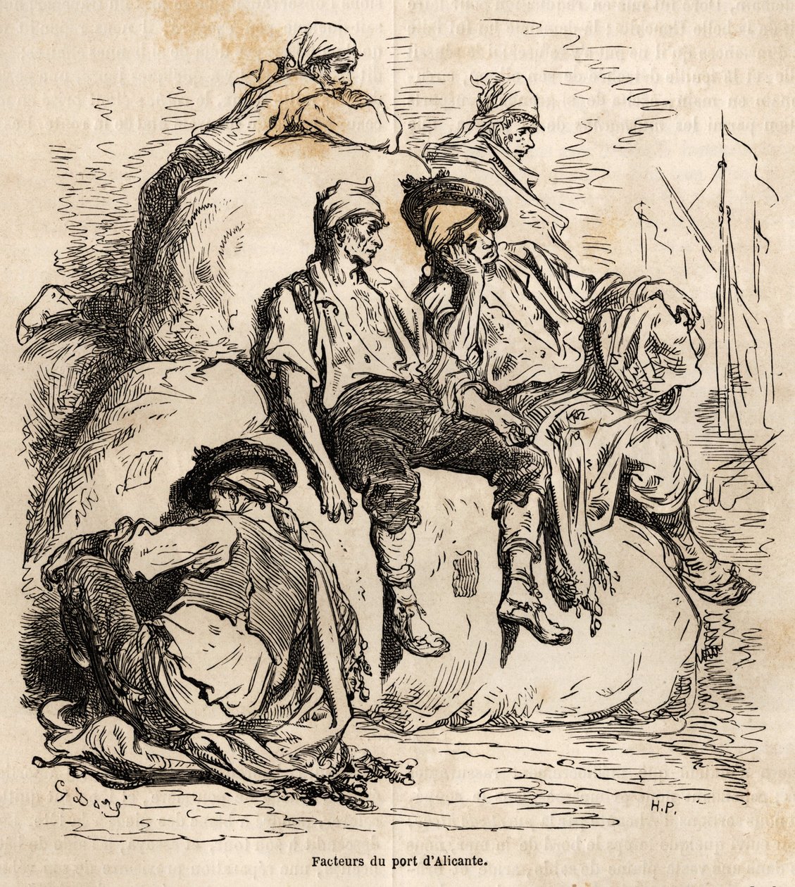 Gustave Dore (1832-1883) nyüzsgéséről készült vázlat az alicantei kikötő szállítóinak szundikálása, hogy illusztrálja 1862-es spanyolországi utazását Ch. Davillier. Gravírozás a „Le tour du monde”-ban, szerkesztette Edouard Charton alkotó: Gustave Dore