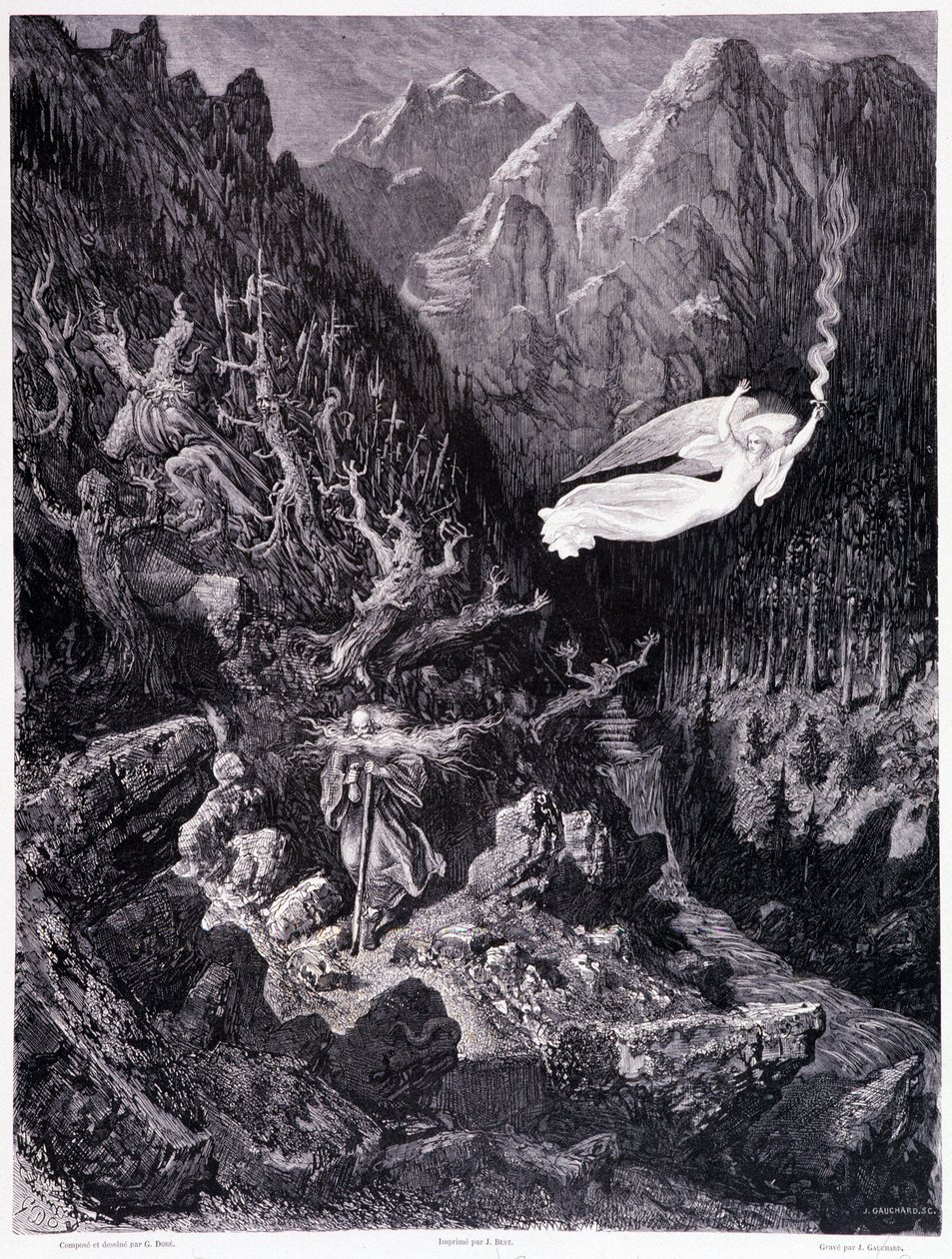 Az ellenséges tájon sétáló erszényt és botot tartó öregembert egy tűzsebességet lóbáló angyal veszi felül, VII. tábla – Gustave Dore (1832-1883) illusztrációja, a La legende du Jew vándorláshoz, Pierre Dupont, Edition Librairie du magasin p alkotó: Gustave Dore