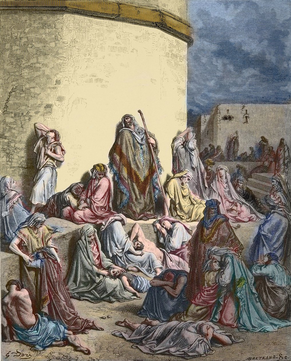 Izrael népe gyászolja Jeruzsálemet - Ószövetség - Jeremiás siralmai - A nép sír Jeruzsálem romjain - - Gustave Dore metszet - későbbi színezés alkotó: Gustave Dore