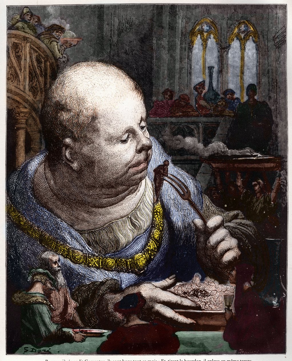 A zarándokokat salátákban eszik - illusztráció a "Gargantua és Pantagruelből", Francois Rabelais - Gustave Dore metszet alkotó: Gustave Dore