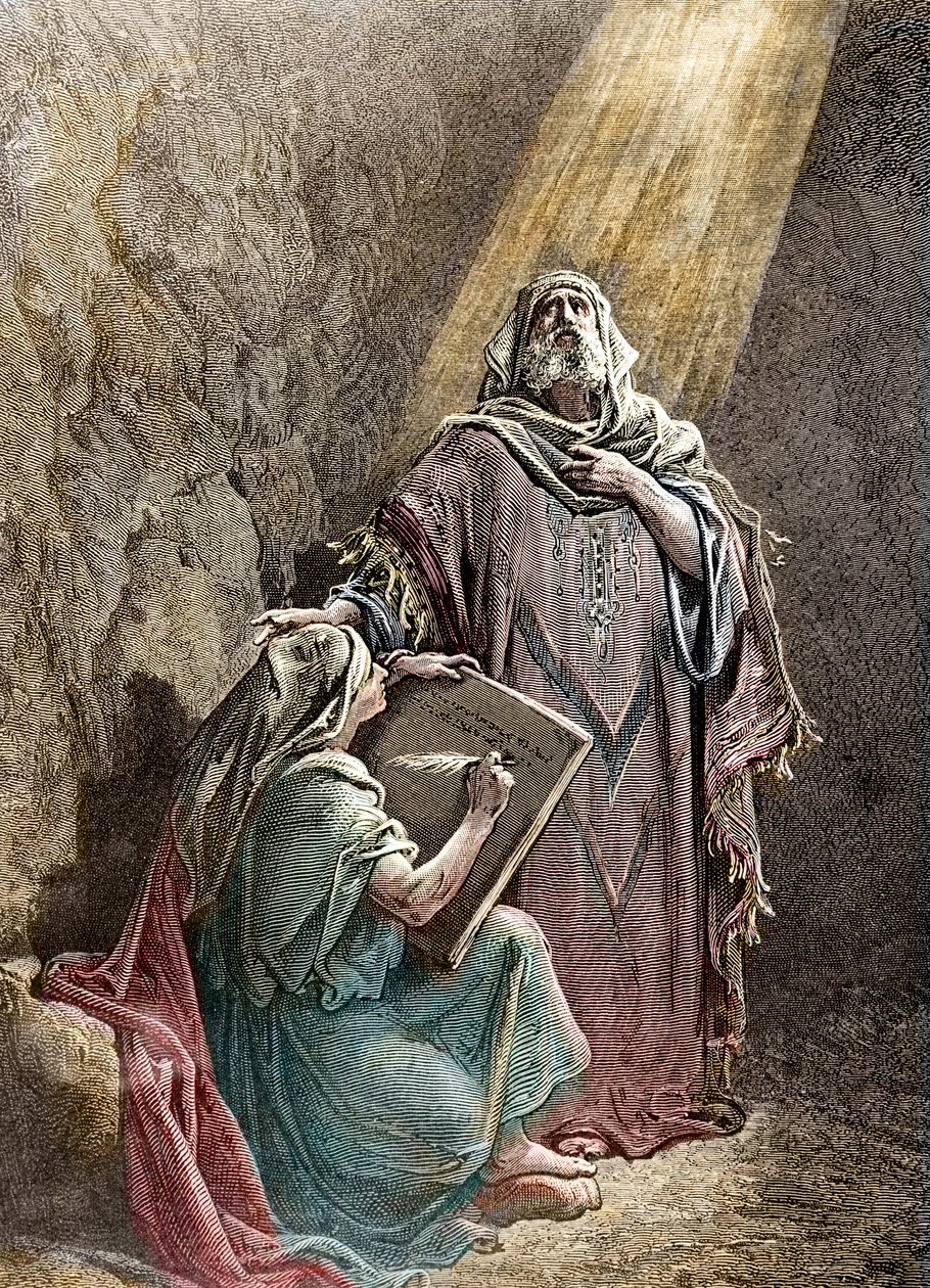 Jeremie próféta diktálja prófétáit Baruchnak - Pannemacker Colorisee metszete Gustave Dore (1832-1883) - Jeremiás (Kr. e. 650-585), héber próféta bibliájából. Jeremiás diktálja próféciáit Báruknak. Pannemaker metszete, A Bibl alkotó: Gustave Dore