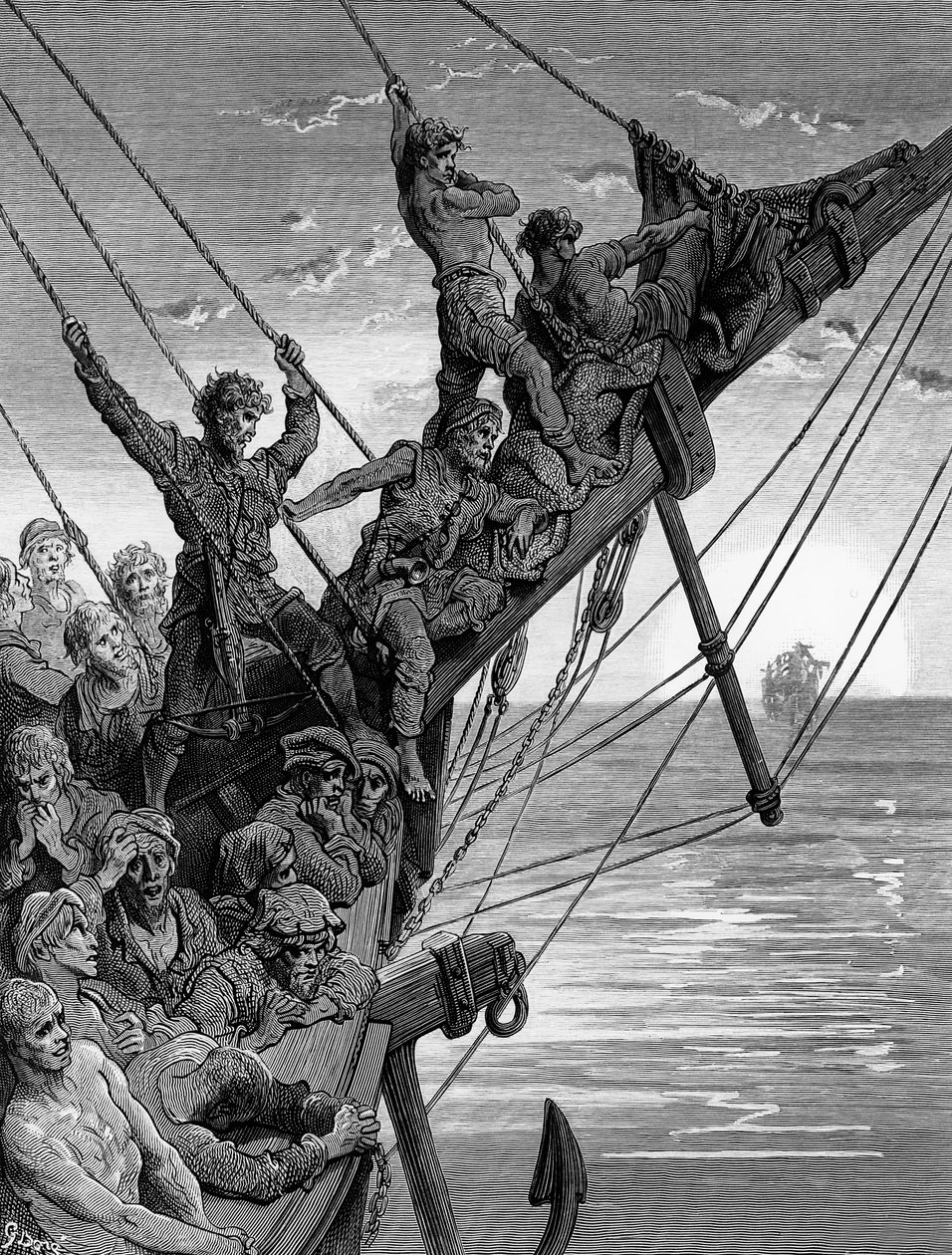 A tengerészek a távolban egy kísérteties hajót látnak, jelenetet S.T. „The Rime of the Ancient Mariner” című művéből. Coleridge, kiadó: Harper und Brothers, New York, 1876 (fametszet) alkotó: Gustave Dore