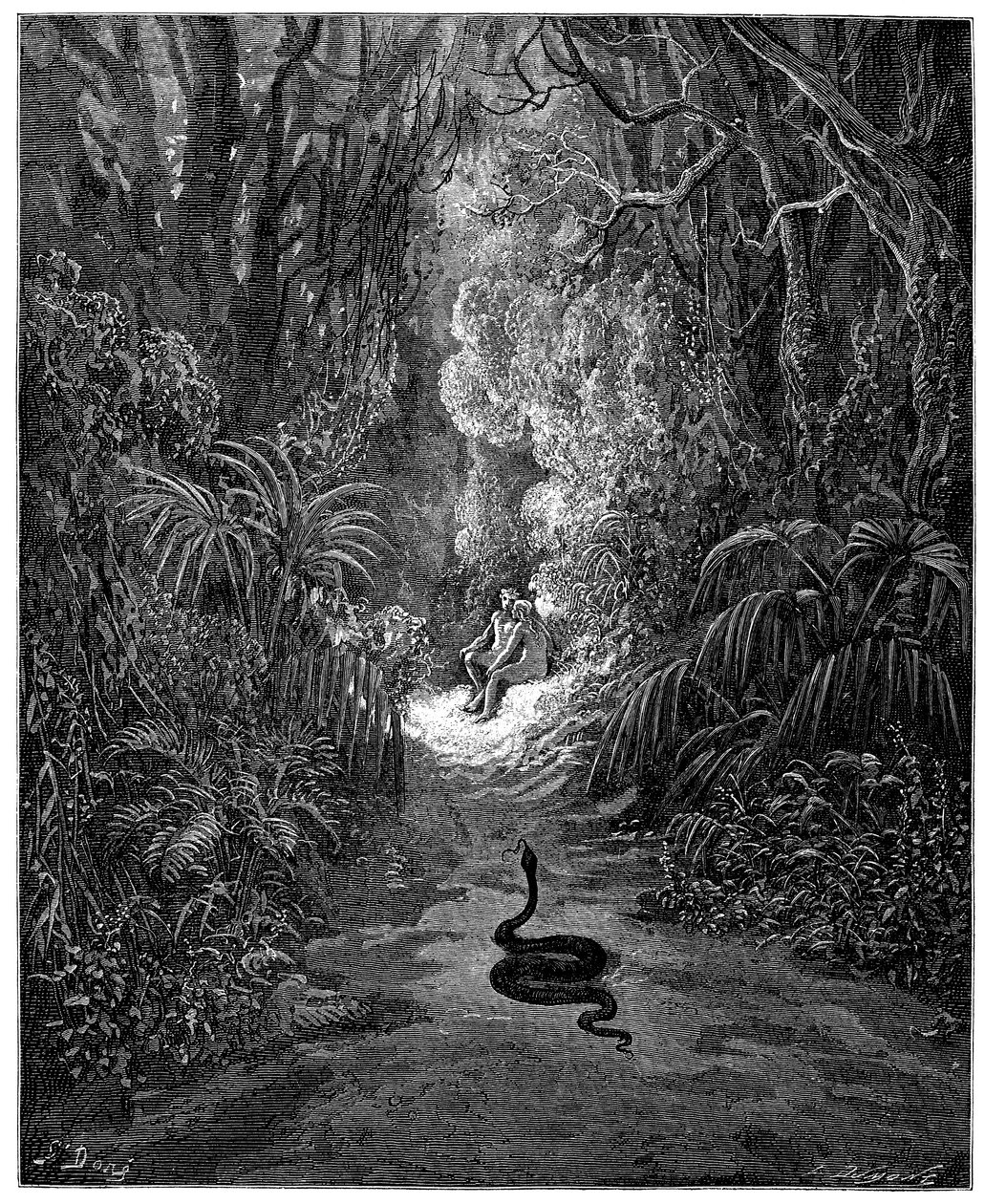 A kígyó Ádám és Éva felé tart. Gustave Dore illusztrációja John Milton (1608-1674) Elveszett Paradicsom című művéhez. Metszet 1866-ból. Magángyűjtemény alkotó: Gustave Dore