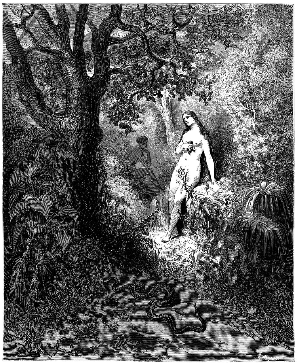 A kígyó Ádám és Éva felé tart. Gustave Dore illusztrációja John Milton (1608-1674) "Elveszett Paradicsom" című művéhez - Kísértés - Halászat - 1866-os metszet. Magángyűjtemény alkotó: Gustave Dore