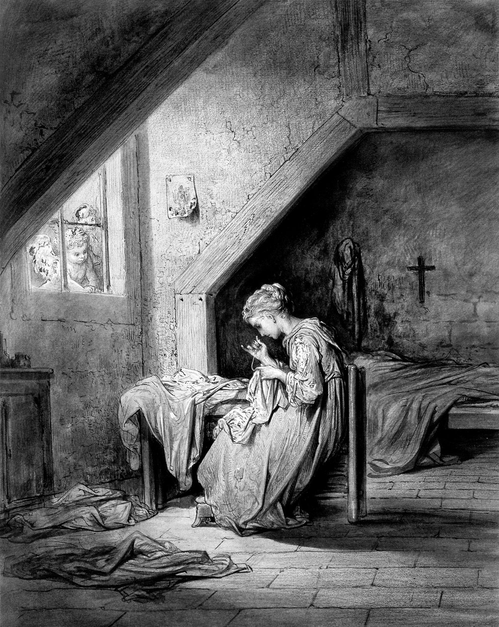 Az ing dala Thomas Hood szerk. Moxon - Egy szegény varrónő inget varr egy hálószobában, az ágy fölött feszület lóg. illusztráció (rajz) Gustave Dore 1870 körül - A metszet vázlata a strasbourgi Musee d