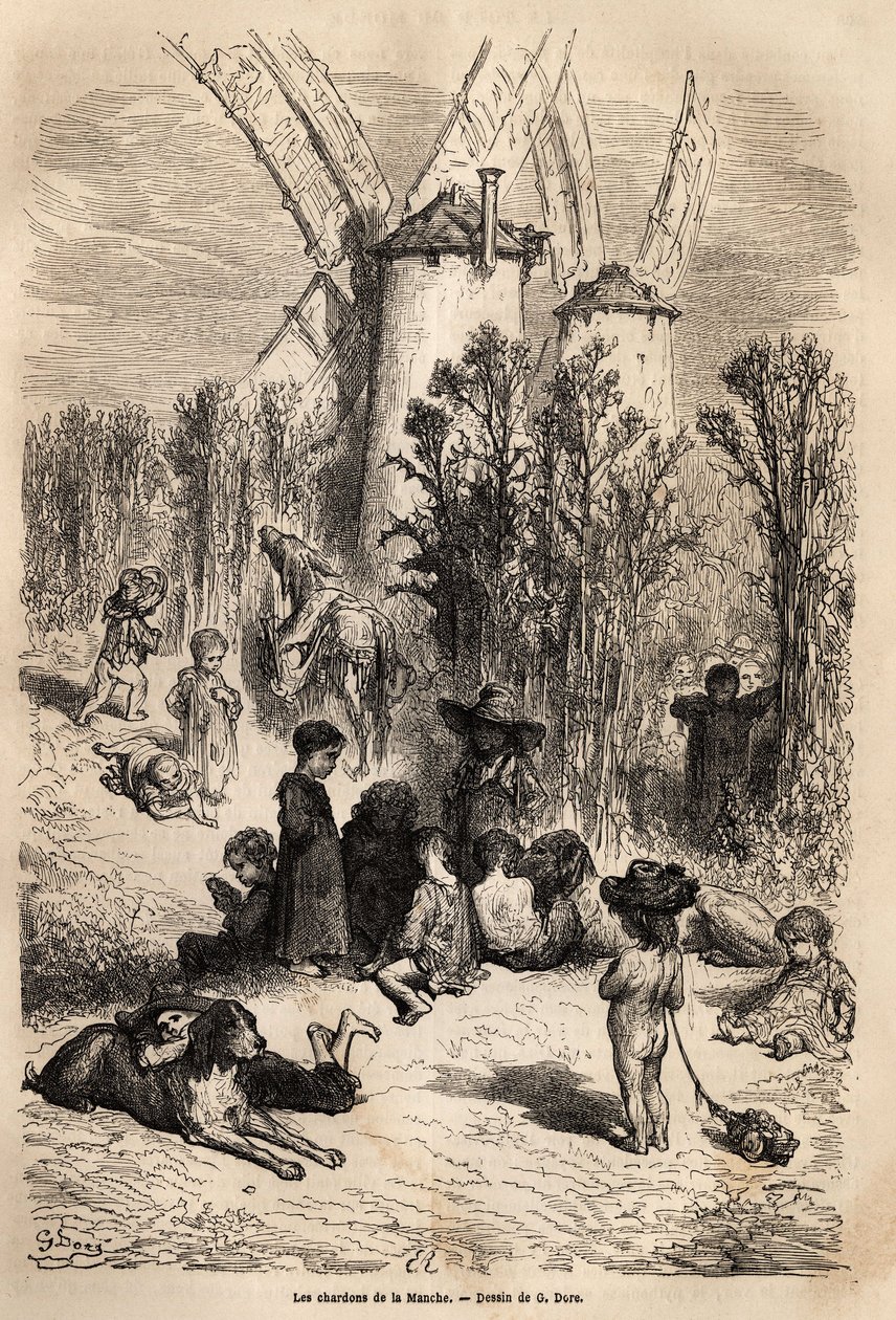 A Csatorna bogáncsai, a Don Quijote számára kedves malmok lábánál egy élesztő, a régióban igen gyakori kutyafajta (a Don Quijotében mindig éhező galgo corredor alakja) és koldusok tömegével. gyerekek, igaz s alkotó: Gustave Dore