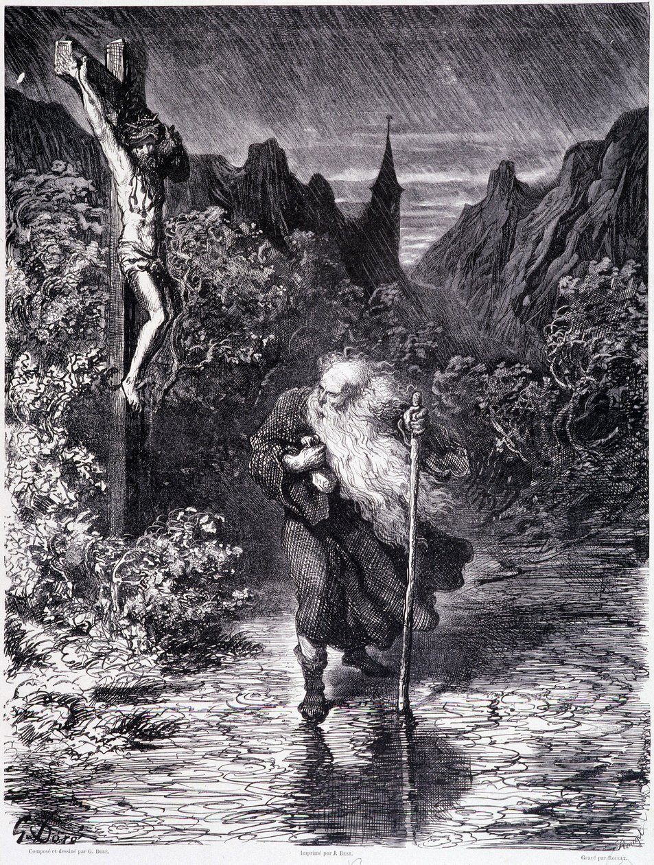 A vándor zsidó elhalad egy kálvária közelében – Gustave Doré, a Festői Áruház Könyvesboltja „A vándor zsidó legendája” című művében alkotó: Gustave Dore
