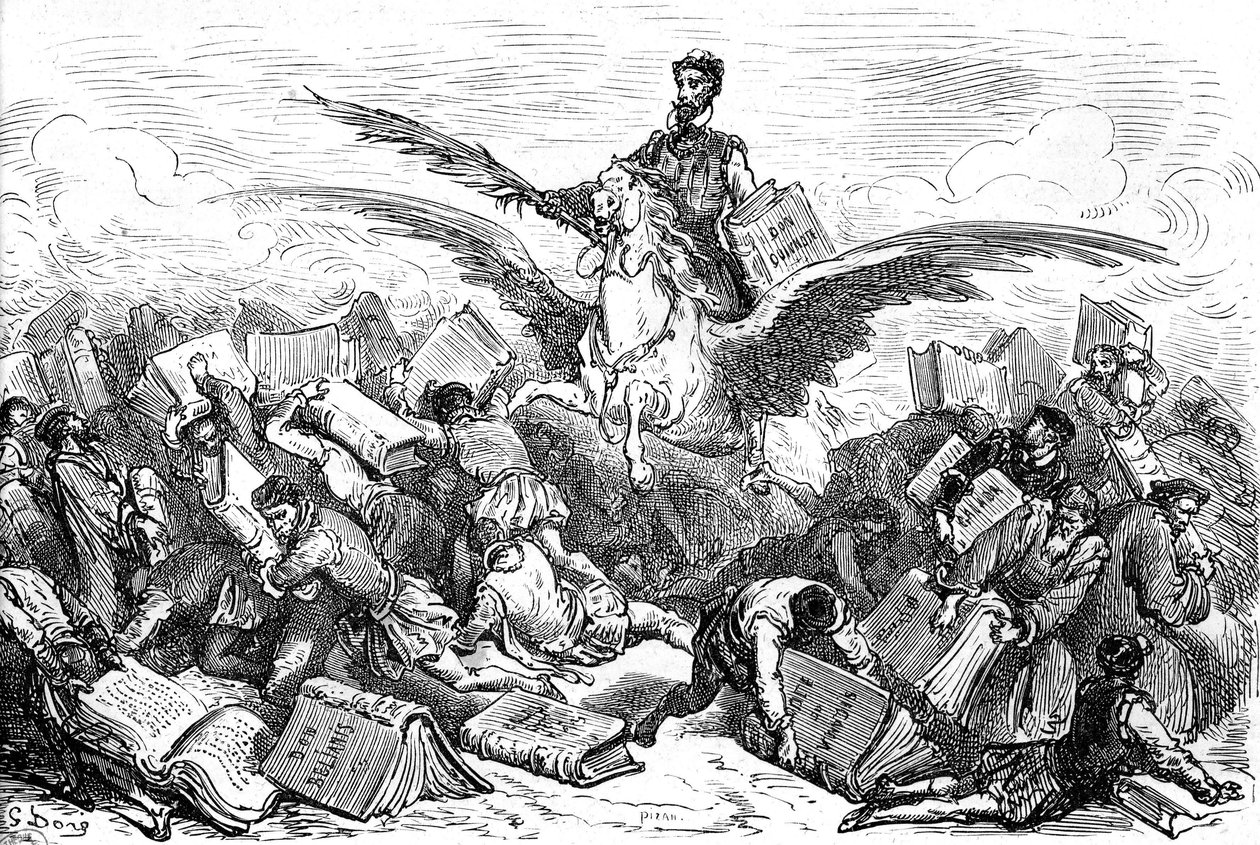 Az író Cervantes szárnyas lovon (Pegase) lovagol, kezében a "Don Quijote" című könyvével és egy tollal, más írók felett repül, akik (nehezen!) a könyveiket cipelik. Gustave Dore metszete, amely a "L