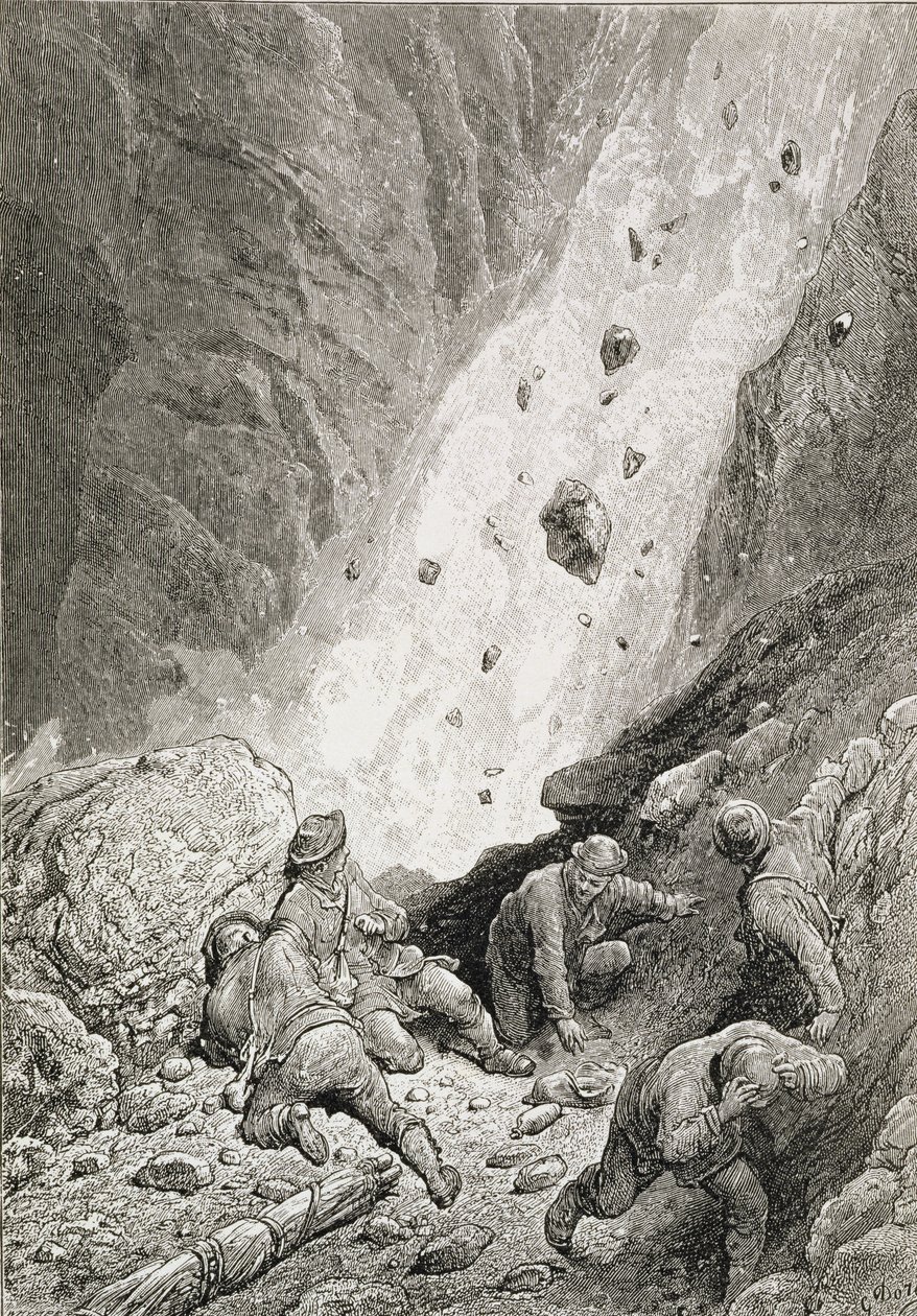 „Sziklák, sziklák és kövek tömegeit láttak, Dart Round the Corner” Edward Whymper (1840-1911) „The Ascent of the Matterhorn” című művéből, az 1860-80-as években megjelent alkotó: Gustave Dore