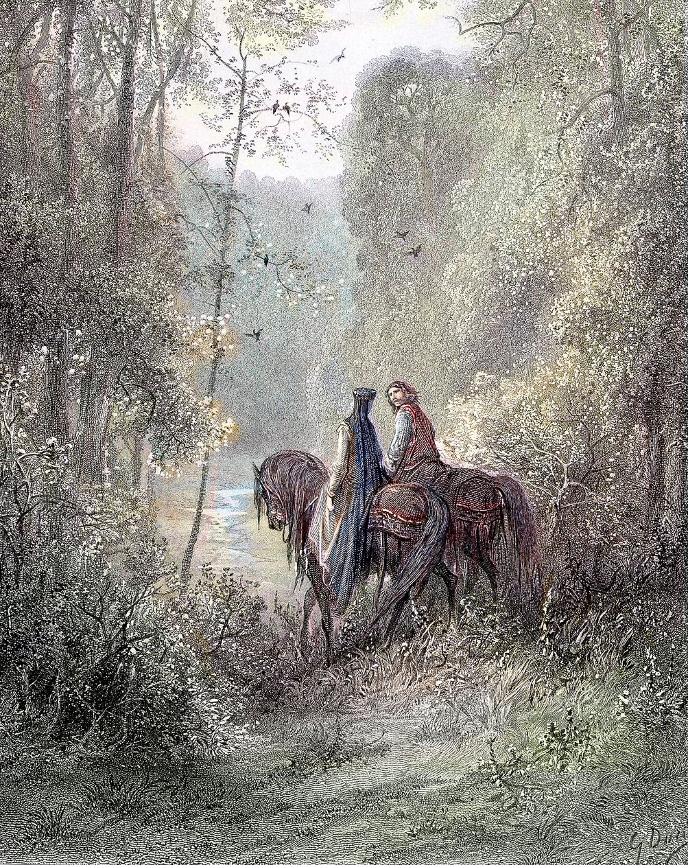 Elvesztek a ligetek alatt, amelyek a virágok paradicsomának tűntek (Guenièvre és Lancelot) – Alfred Tennyson, ill. szerző: Gustave Doré Paris, Librairie Hachette et Cie alkotó: Gustave Dore