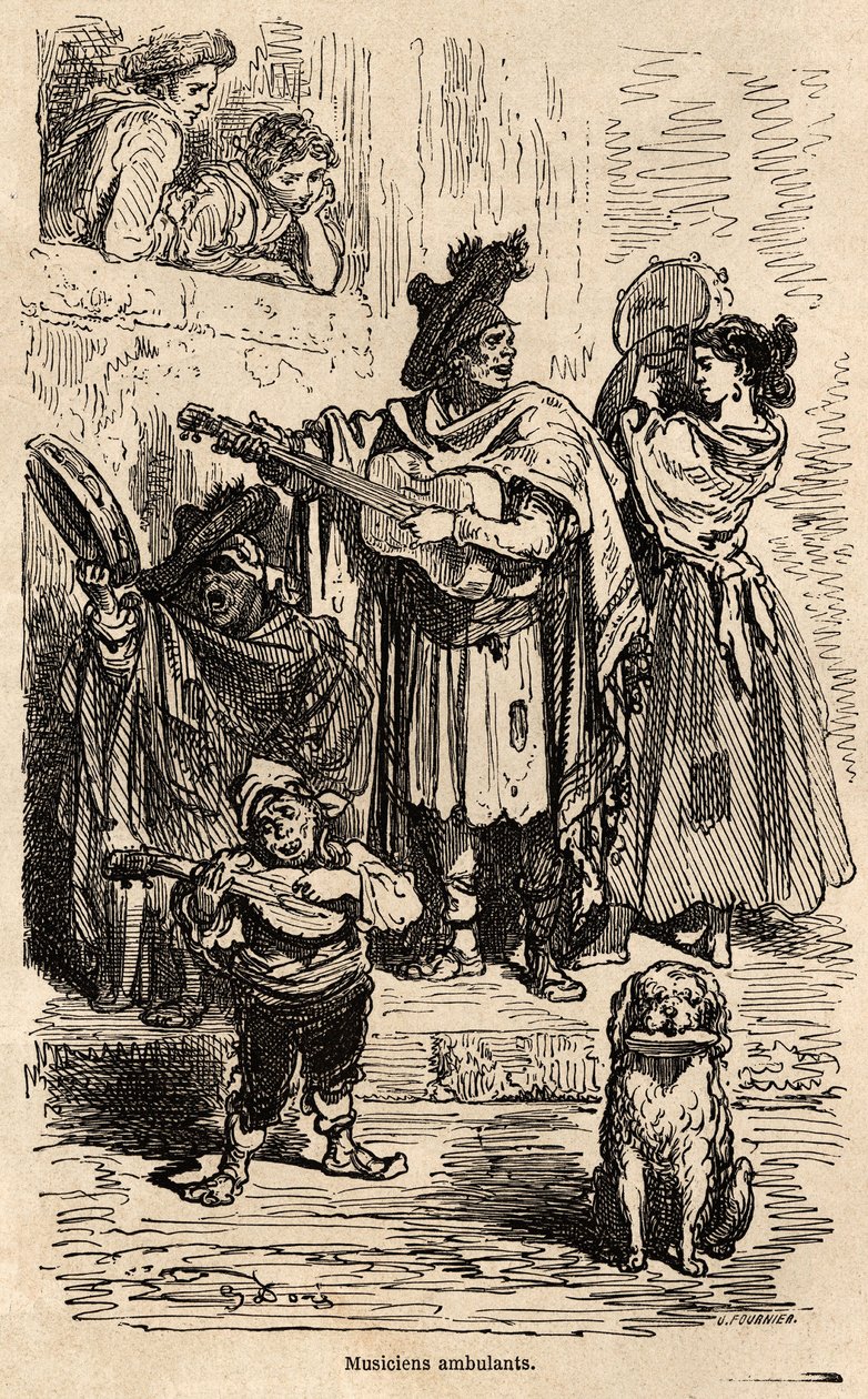 Utazó zenészek Valenciában, Gustave Dore (1832-1883) rajza, hogy illusztrálják spanyolországi utazását C.Davillier-vel, 1862-ben. Metszet a „Le tour du monde”-ban, szerkesztette Edouard Charton alkotó: Gustave Dore