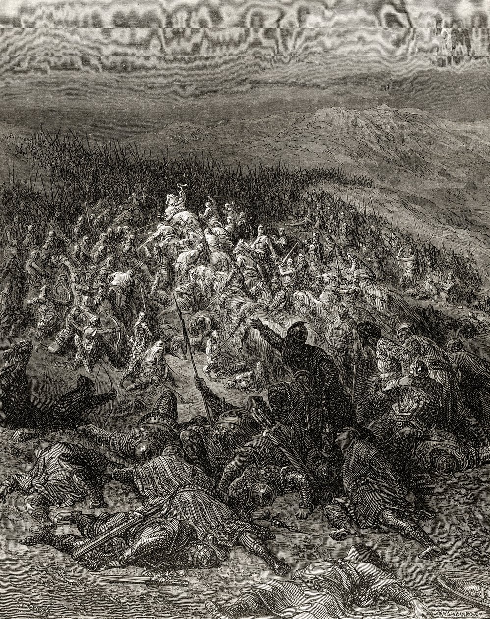 Kétszáz lovag megtámad húszezer szaracént, a „Bibliotheque des Croisades” illusztrációja, J-F. Michaud, 1877 alkotó: Gustave Dore