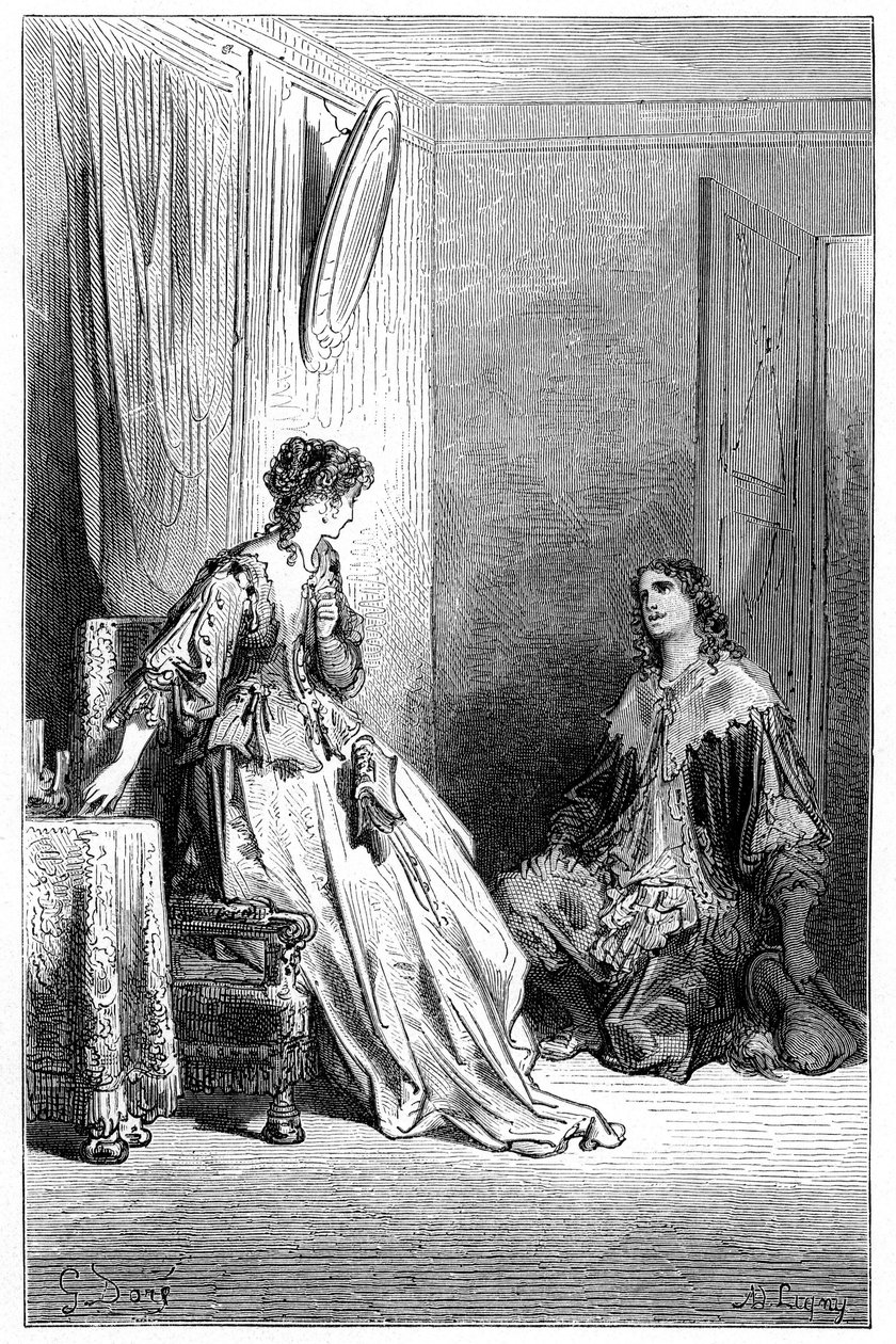Vallombreuse letérdel Isabelle előtt, akibe szerelmes. Gustave Dore metszete Theophile Gautier "Le capitaine Fracasse" című regényének illusztrációjához, Charpentier kiadás 1863. alkotó: Gustave Dore