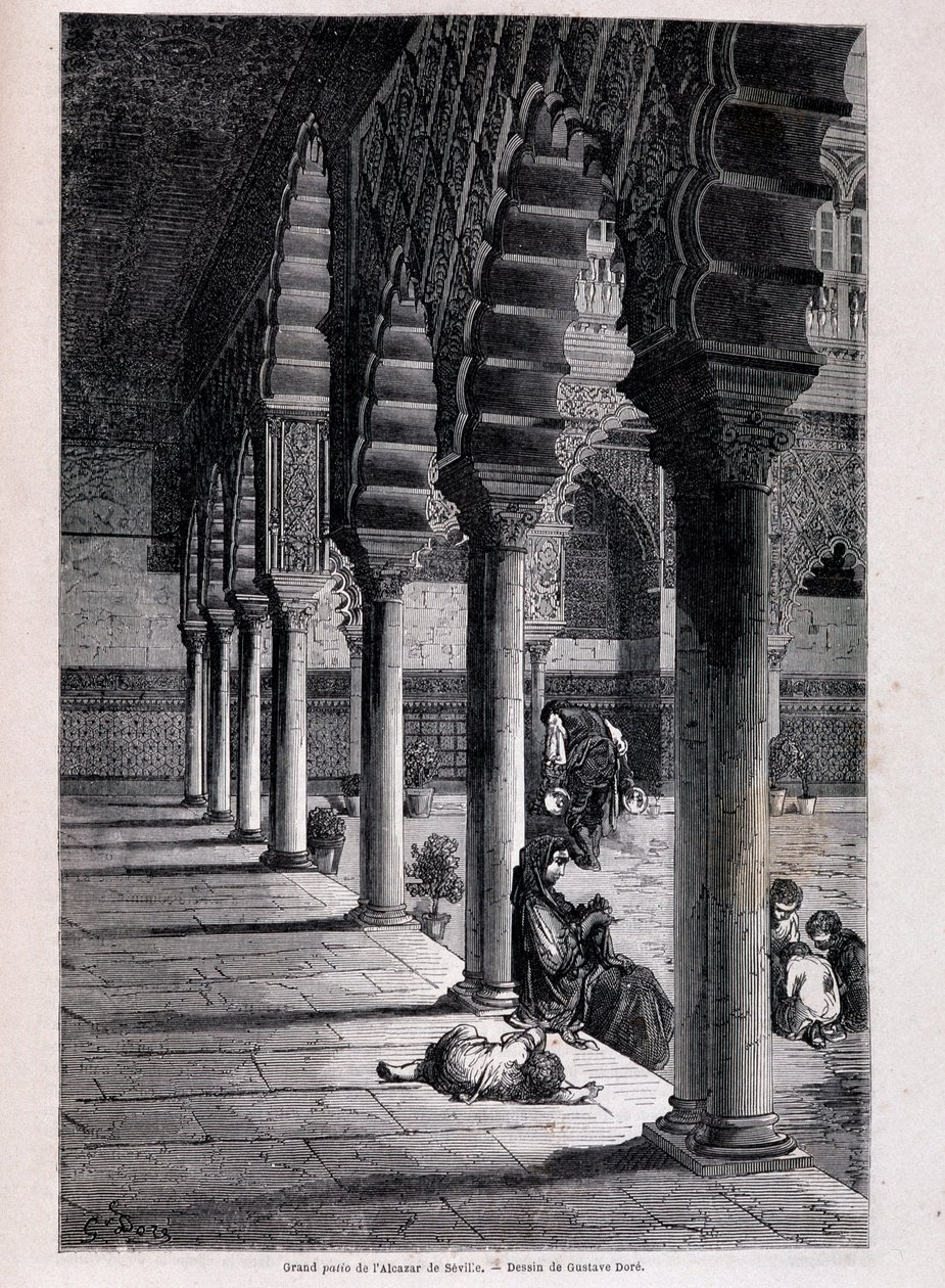Kilátás az Alcazar nagy teraszára Sevillában – Doré, a „” Tour du Monde”-ban, 2. szem. 1866. alkotó: Gustave Dore