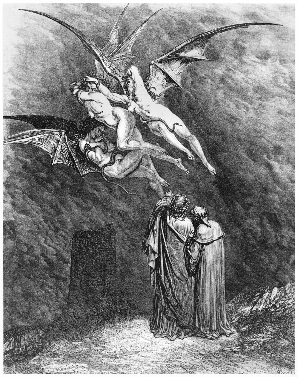 Vergilius (Kr. e. 70-19) Dante és az Erinyiák, illusztráció Dante Alighieri (1265-1321) "Isteni komédiája" (Inferno) című művéből, Párizs, megjelent 1885-ben. alkotó: Gustave Dore