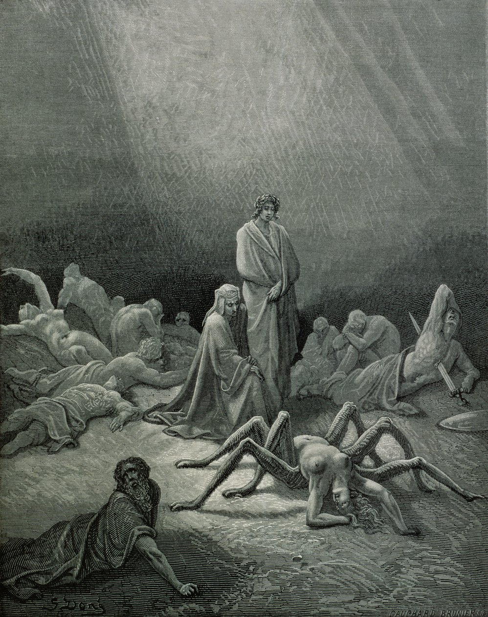 Vergilius (Kr. e. 70-19) és Dante a pókasszonyt nézik, illusztráció Dante Alighieri (1265-1321) Párizs "Isteni színjátékából" (Inferno), 1885-ben. alkotó: Gustave Dore