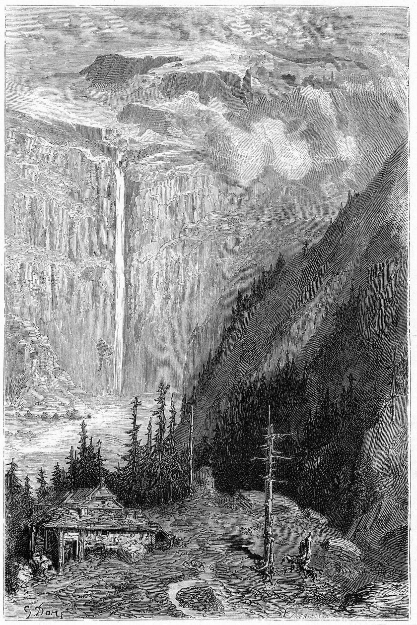 A Cirque de Gavarnie vízesése a fogadóból nézve: Gustave Dore metszete, amely Hippolyte Taine "Voyage aux Pyrenees" című könyvét illusztrálja, Hachette 1860. alkotó: Gustave Dore