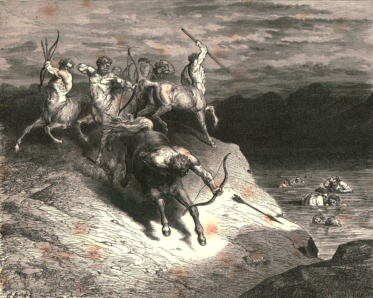 Mi azokhoz a vadállatokhoz, az a sebesség, közeledtünk, amikor Chiron elővett egy nyilat, 1890. alkotó: Gustave Dore