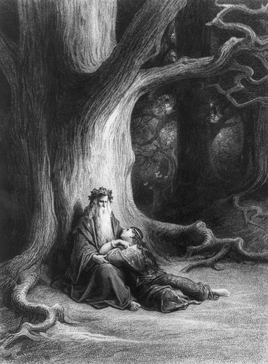 Merlin bűvész és Vivien tündér a brocéliandei erdőben. Alfred Tennyson "Vivien" című verse alapján (kiadó: Hachette, Párizs, 1868) alkotó: Gustave Dore