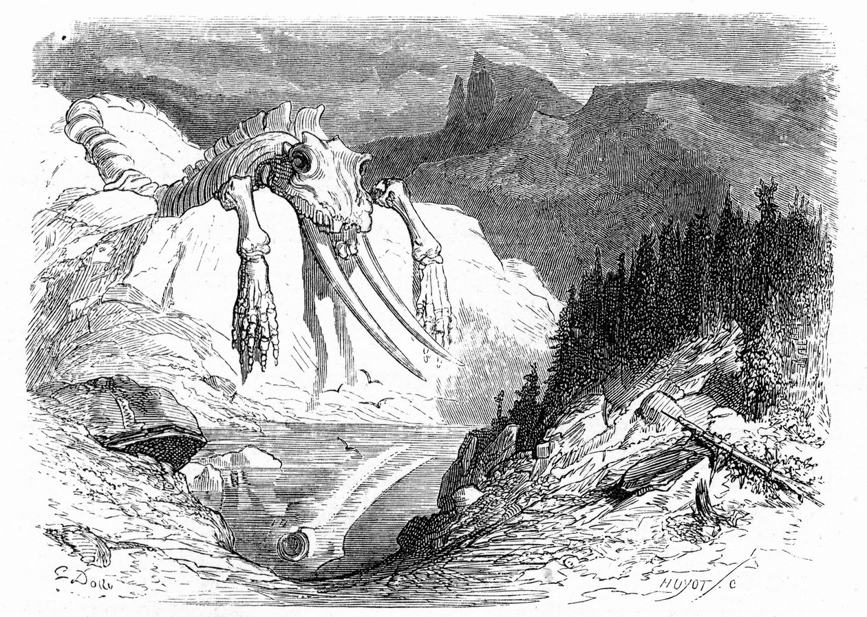Gustave Dore metszete 1850 körül: egy apokaliptikus özönvíz, amelyet követően különböző szörnyű állatok hullottak a hegyre. Hippolyte Taine "Utazás a Pireneusokban" című könyvének illusztrációja, amelyben a fosszilis csontok jelenléte alkotó: Gustave Dore