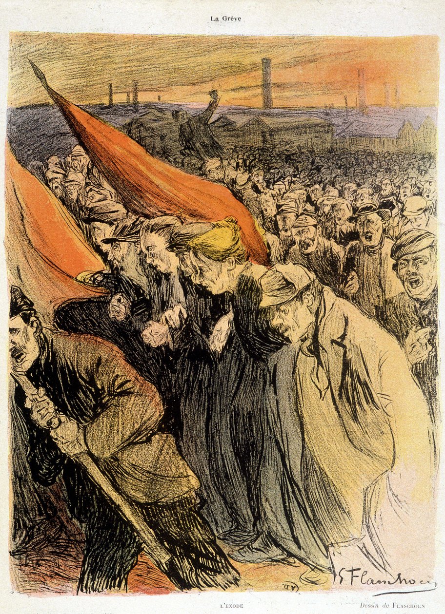 Ívelt tömeg vörös zászlókkal, Flaschoën „” La Grève”, deb. 20. sz. alkotó: Gustave Flasschoen