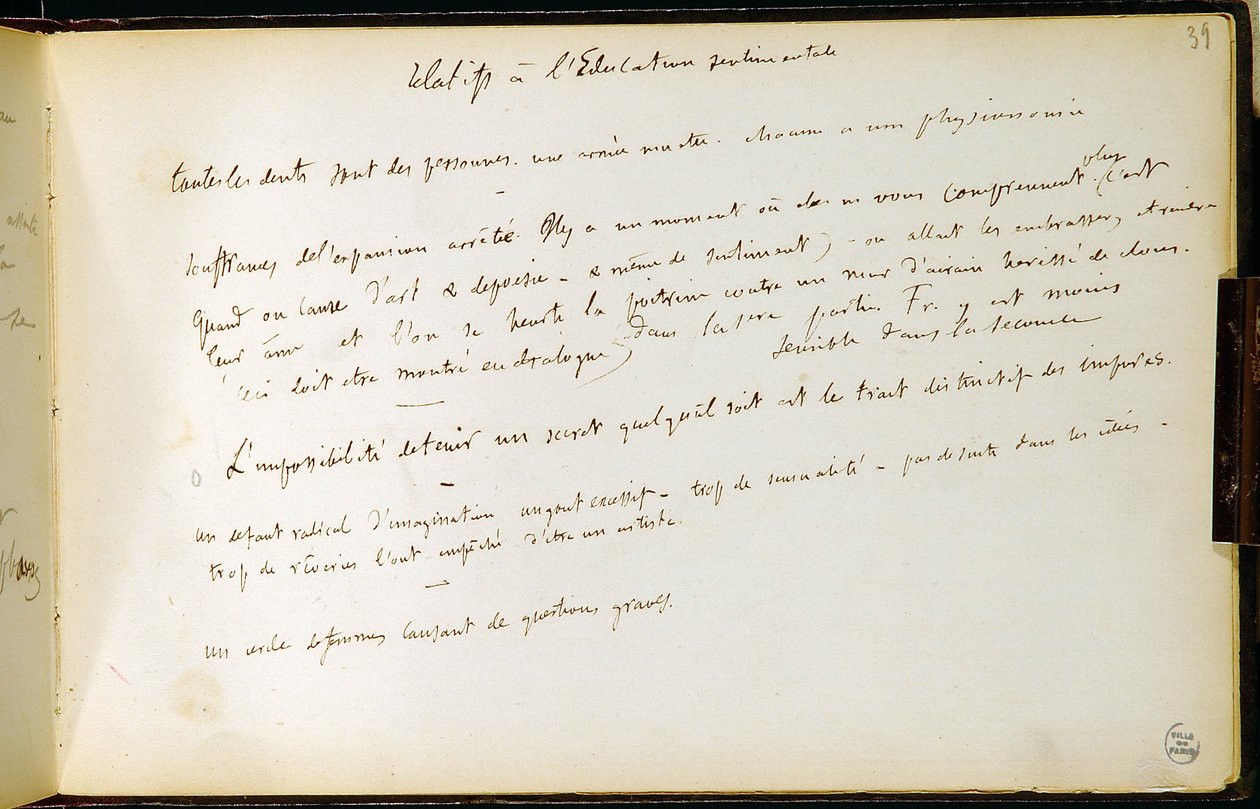 A munkafüzet 39. fóliója n. 19 Gustave Flaubert vázlatainak kéziratos oldala. Érzelmi nevelés tervei. BHVP. alkotó: Gustave Flaubert