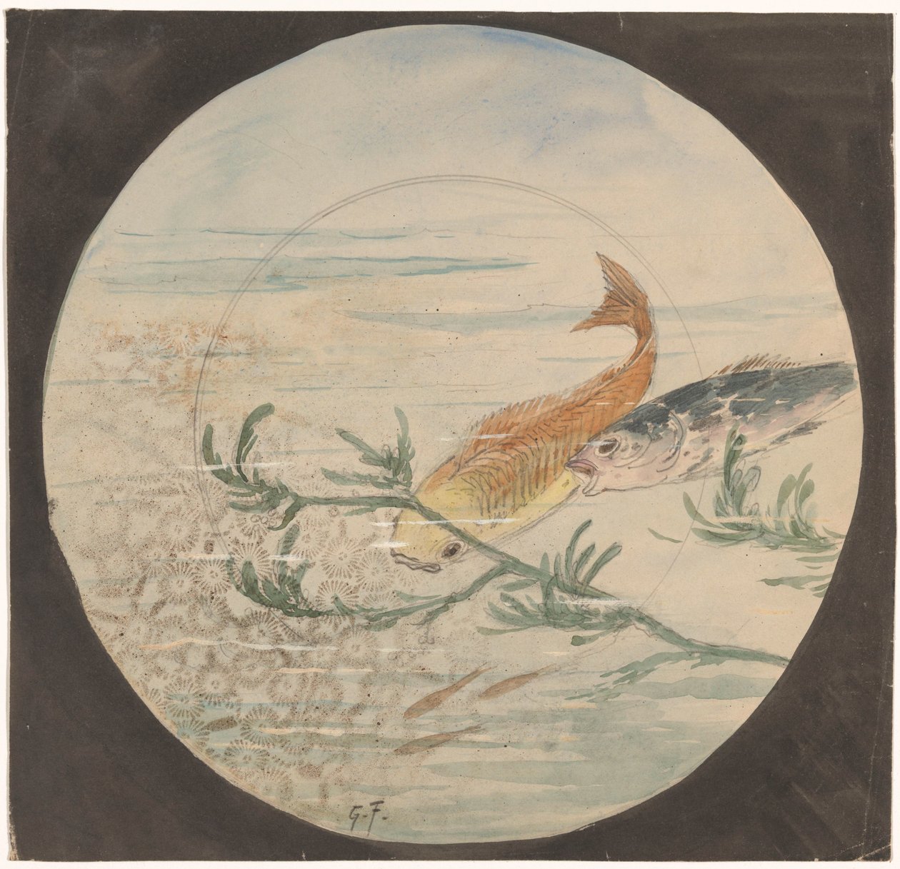 Tervezés egy sárga és egy kék hal úszó táblához alkotó: Gustave Fraipont (signed by artist)