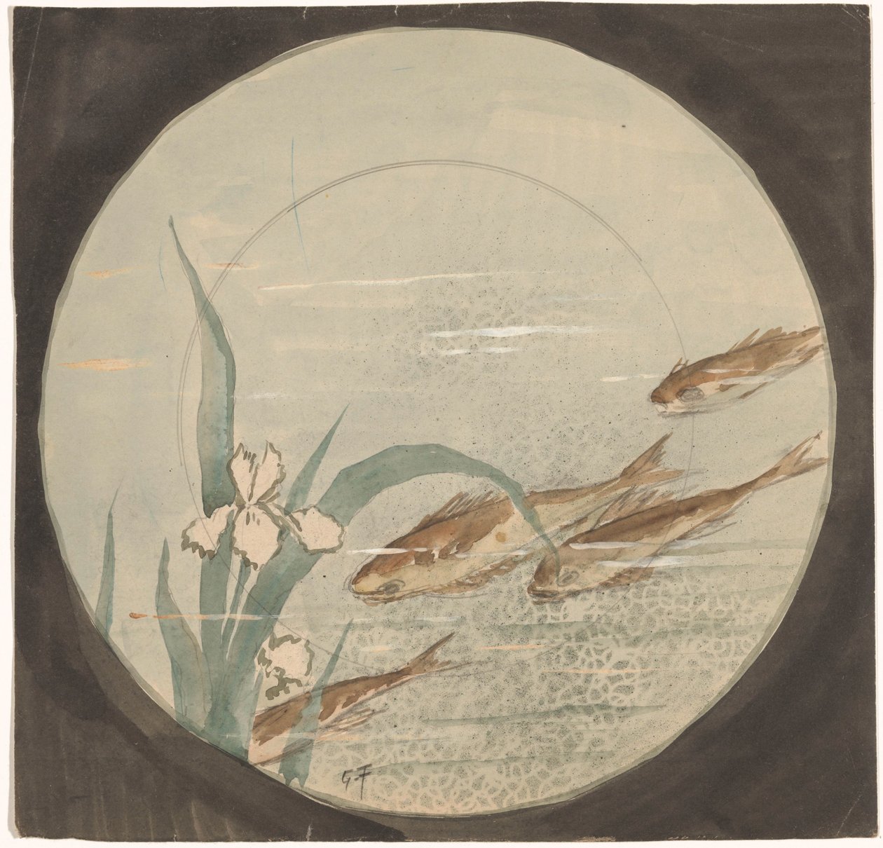 Kialakítás egy tányérhoz, amelyben négy barna hal úszik felfelé egy fehér írisz közelében alkotó: Gustave Fraipont (signed by artist)