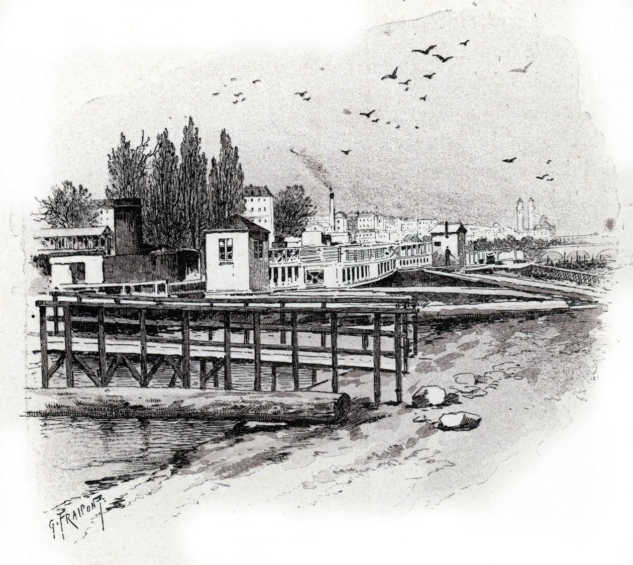 Vízibuszok (ingázó hajók) javítóműhelyek a Szajna folyón Párizsban Gustave Fraipont (1849-1923) rajza Saint Judges „La seine a travers Paris” című művéből merít alkotó: Gustave Fraipont