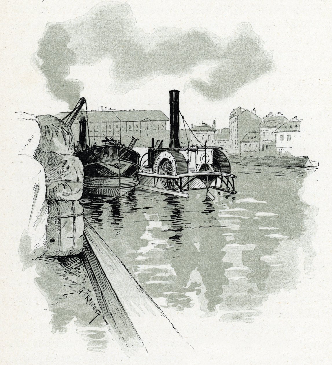 Hajók kikötése a párizsi La Villette kikötőjében (Csónakok La Villette kikötőjében, Párizs) Gustave Fraipont (1849-1923) rajza Saint-Juirs „La seine a travers Paris” című művéből alkotó: Gustave Fraipont