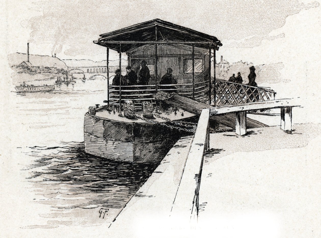 Embarcadere des Bateaux-mouches (Bateaux-mouches) sur la Seine, Párizs (Kilátás a turistahajók mólójára a Szajna folyón, Párizs) Gustave Fraipont (1849-1923) rajza Saint-Juirs „La seine a travers Paris” című művéből merít ” alkotó: Gustave Fraipont